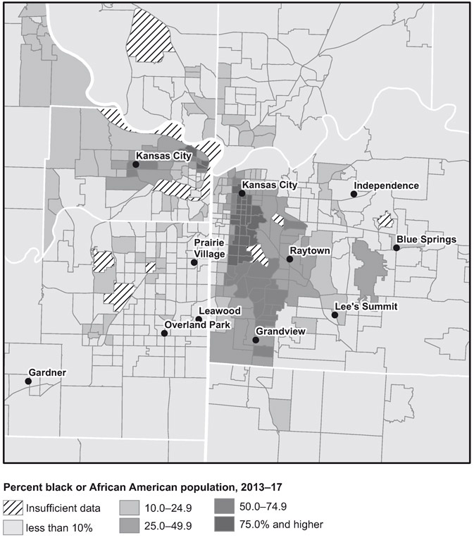Percent black or African American population, 2013–17 Source: U.S. Census Bureau, 2013–2017 American Community Survey. MAP E.1 Metropolitan Kansas City African American population, 2013–2017 census tract averages (American Community Survey)