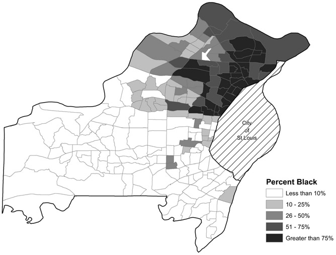 MAP 2.4 St. Louis County, percent Black. Source: US Census, 2013–17 American Community Survey. (See note, map 2.1) TIGER/Line shape files prepared by the US Census Bureau, 2018. Map by Alexis Sheehy.