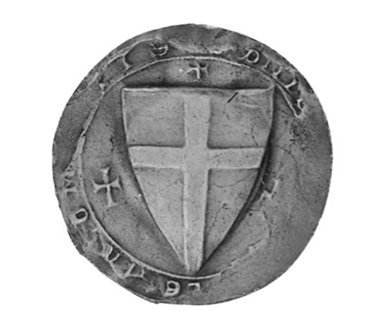 Figure 14. A round greyscale seal featuring a triangular shield with a cross emblazoned on the front.