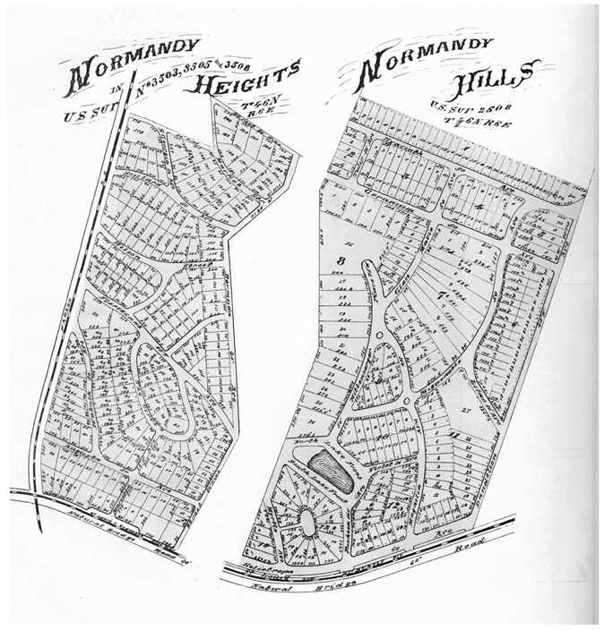 FIGURE 2.6 Plat map for Normandy Hills and Normandy Heights subdivisions (1893), examples of Garden City design in North St. Louis County. Courtesy of the Missouri Historical Society Library.