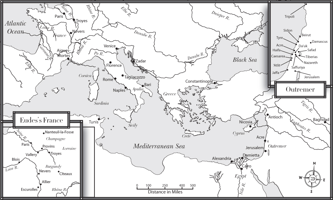 Map 1. A map of the lands surrounding the Mediterranean Sea, from modern-day France to the Black Sea, with two insets focused on northern France and the Holy Land.