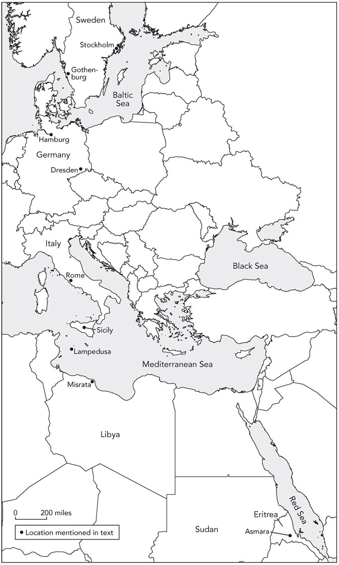 Figure 1. A map indicating locations mentioned in the text: Asmara in Eritrea; Misrata in Libya; Lampedusa, Sicily, and Rome in Italy; Hamburg and Dresden in Germany; and Stockholm and Gothenburg in Sweden.