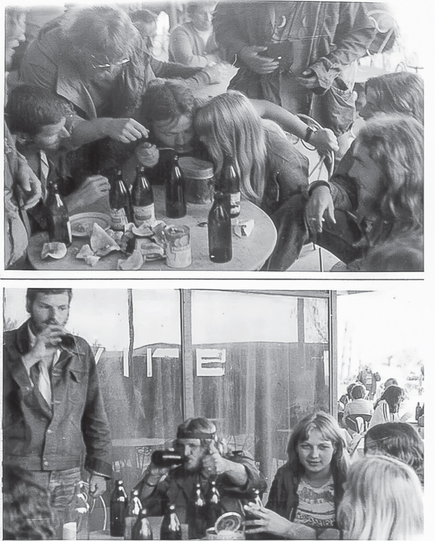 Two photos of a group of young people drinking and eating together.