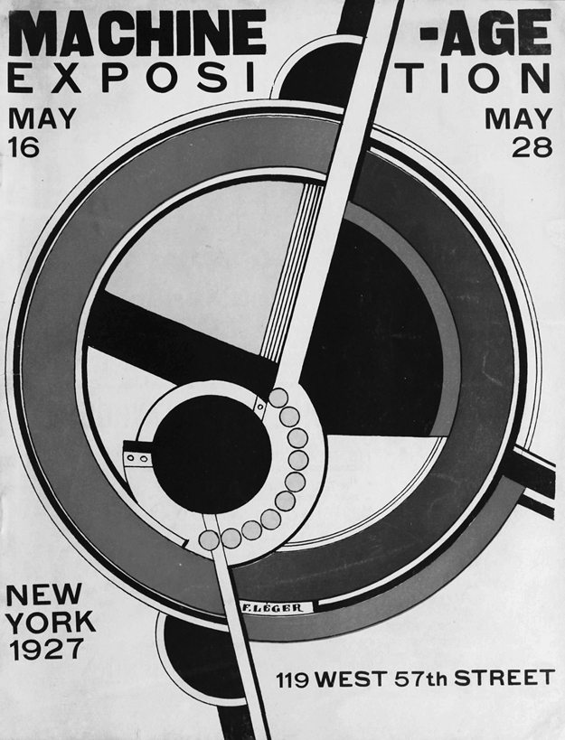 Figure 20. An abstract, geometric design in red, yellow, blue, and black on a white background. Across the top of the page is printed “Machine-Age Exposition May 16 [to] May 28.” Printed in the lower left is “New York 1927,” and in the lower right is “119 West 57th Street.”