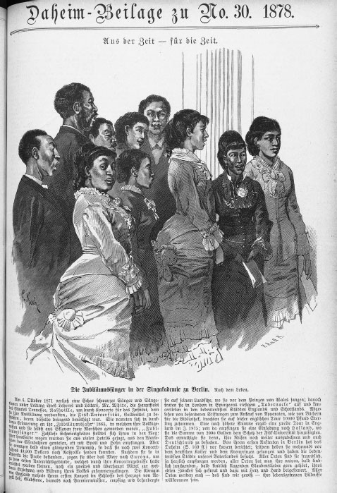 A black-and-white drawing of approximately a dozen Black men and women in concert dress singing music.