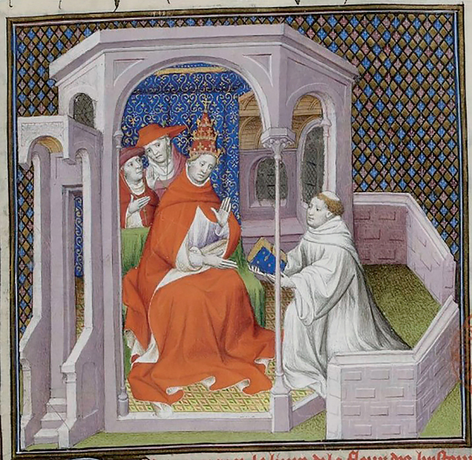 Figure 25. In a building with stone walls and a wooden roof, on the left sits a pope (Clement V) wearing the papal tiara, with two cardinals standing behind him. Above him is a baldachin of blue and gold cloth. To the right, a kneeling monk (Hayton) presents the pope with a book.