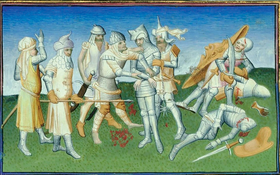 Figure 23. In a field, on the left, five men in armor with exotic headgear and armed with a spear, sword, and mace take an armored knight captive. On the right, an armored soldier with a large shield on his back and a sword in his right hand leans over the bleeding bodies of two fallen knights.