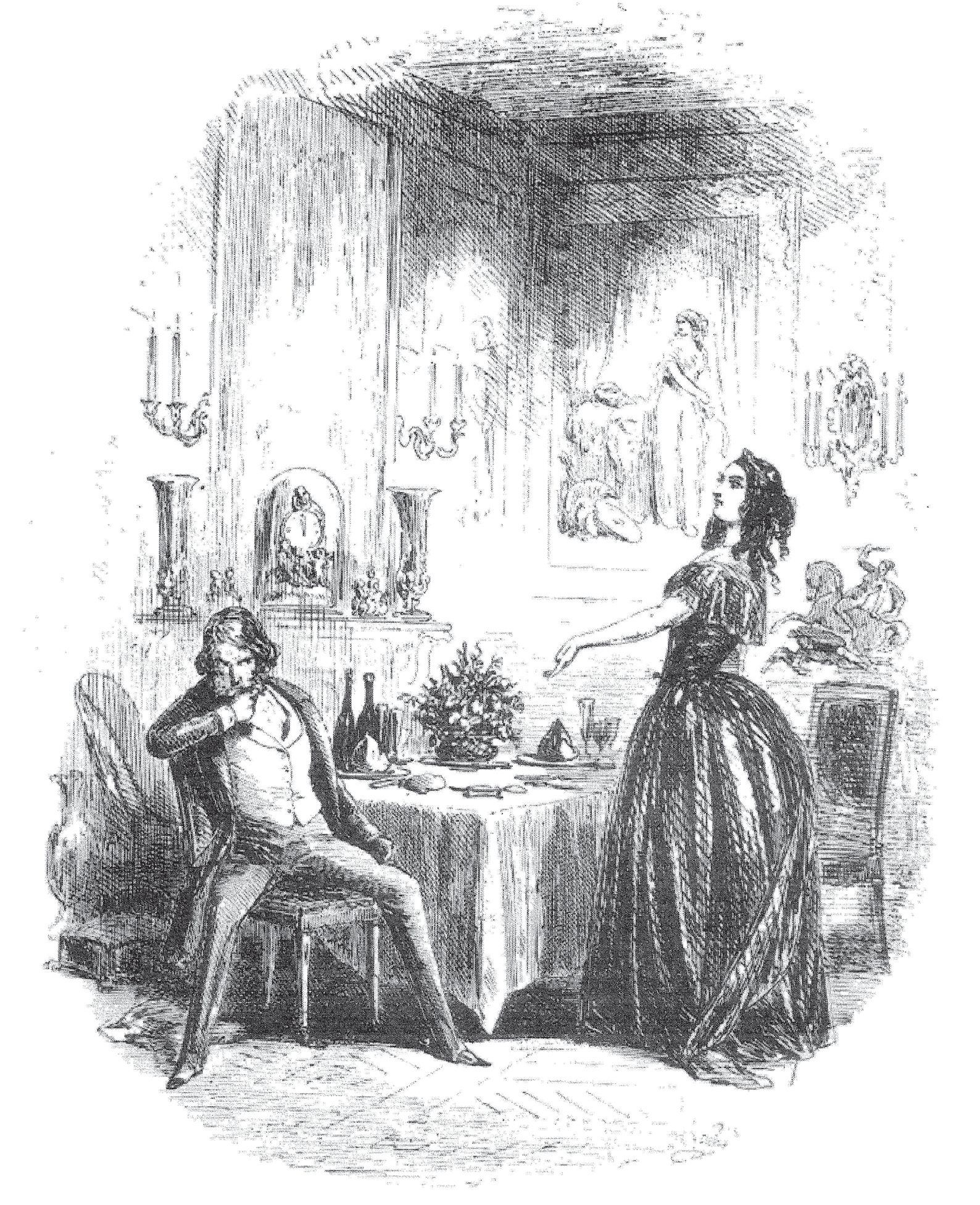 Figure 7: Edith stands upright by a table where Carker is seated with a look of fear and distrust on his face. Edith confidently extends her entire left arm and hand toward Carker’s open legs.
