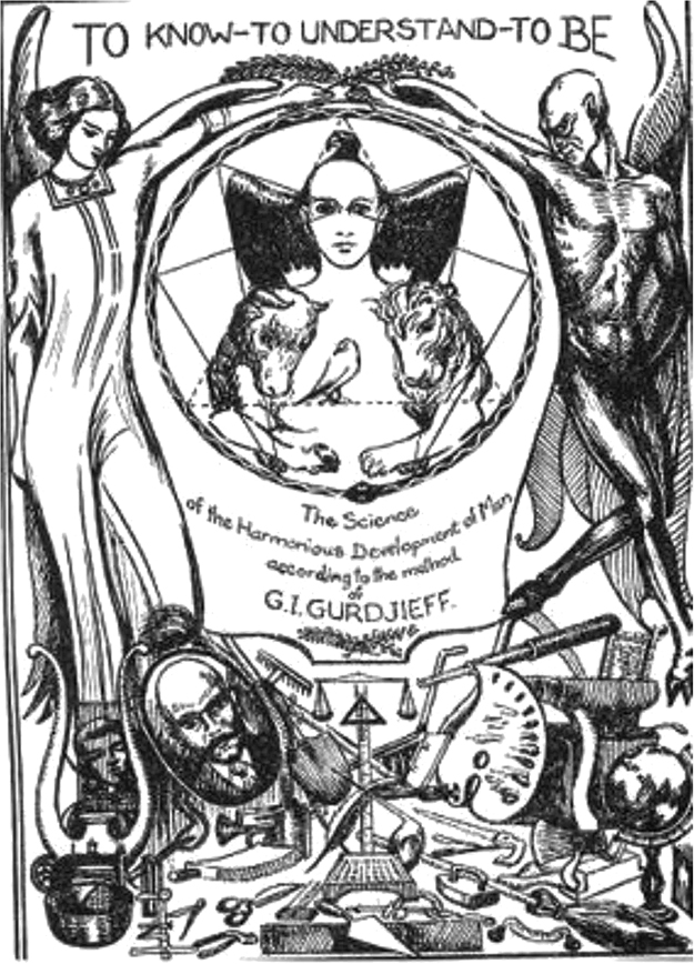 Figure 12. “To Know–To Understand–To Be” written above an angel and demon surrounding a bust-length, androgynous human figure in a geometric pattern. Behind the figure is an eagle; in front of it, a lion, a bull, and a bird. Below it reads: “The Science of the Harmonious Development of Man according to the method of G.I. Gurdjieff.” Below this text is an assortment of household and building items, a portrait of Gurdjieff, a balance, and an artist’s palette.