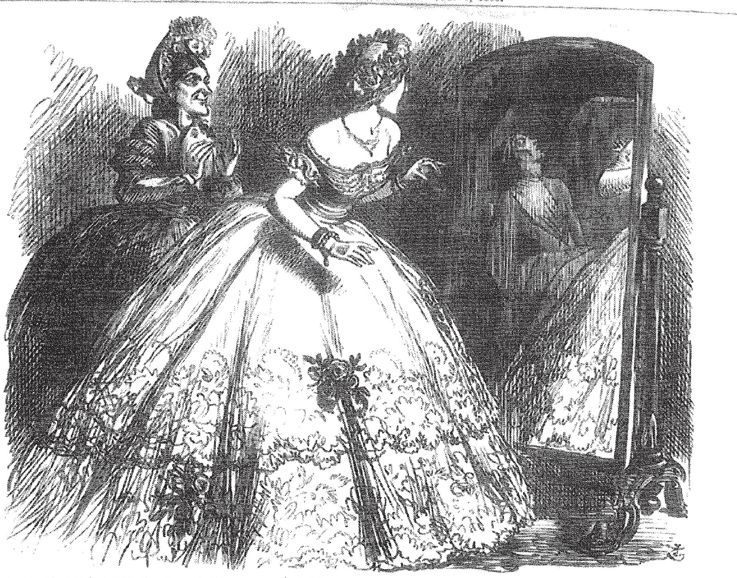 Figure 19: An upper-class lady appears in an elaborate dress, with her waiting maid looking along approvingly on her left. On the right side of the illustration is the mirror into which the lady looks. But instead of depicting the lady in her dress, the mirror reveals the gaunt figure of a fainted (and perhaps deceased) dressmaker.