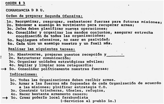 Figure 3.2 depicts a section of a document in preparation for the FMLN’s Second Offensive. Despite being a military offensive, some of the top tasks are to organize politically and “create popular power structures” and wings for social service provision.