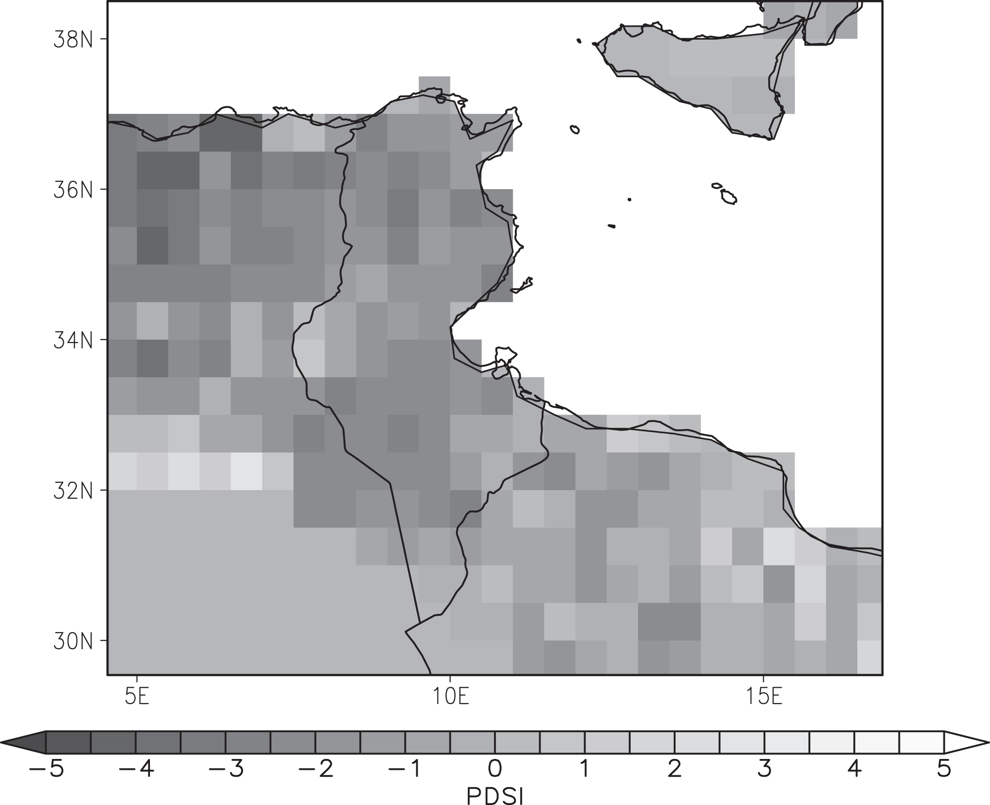 Figure 3: A map shows the extent of drought in Ifriqiya from 1143 to 1149 using dendrochronological (tree ring) data, which is quantified through a metric called the Palmer Drought Severity Index.