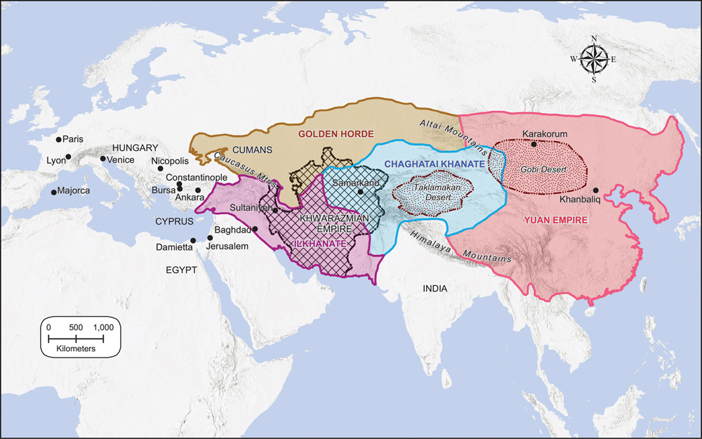 Map 1: A map of Eurasia and northern Africa. Labels for Paris, Lyon, Majorca, Venice, Hungary, Nicopolis, Constantinople, Bursa, Ankara, Cyprus, Damietta, Egypt, Jerusalem, Baghdad, Sultaniyeh, Caucasus Mountains, Cumans, India, Himalaya Mountains, Altai Mountains, Karakorum, Khanbaliq. Colored and patterned regions indicate the Golden Horde, the Ilkhanate, the Khwarazmian Empire, the Chaghatai Khanate, the Taklamakan Desert, the Gobi Desert, and the Yuan Empire.