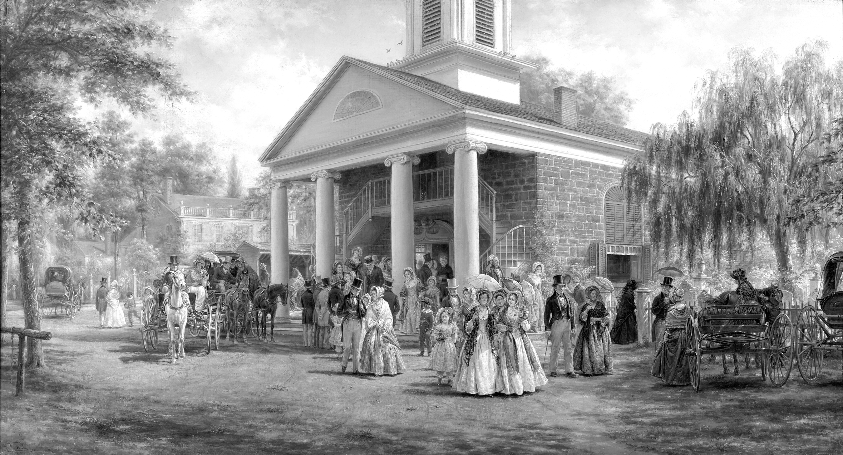 A painting depicts a white church with portico. Dressed-up people are gathered in front of the building. They mingle with each other. Some women carry umbrellas. Several people arrive in horse carriages, and some carriages are parked at the side.