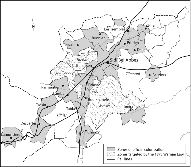 Figure 7 / Detail of area of colonization around Sidi Bel Abbès. Based on Algérie—Carte de la Colonisation officielle (1902), redrawn by Bill Nelson.