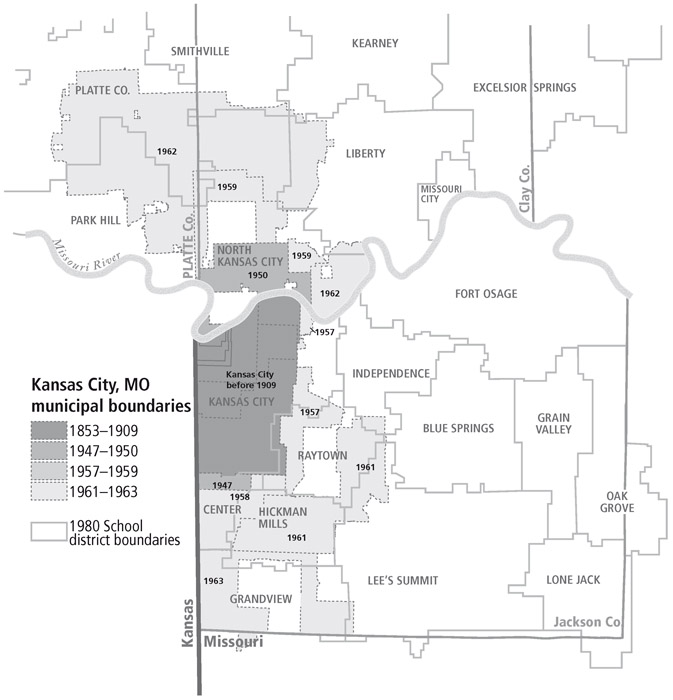 MAP 2.1 Kansas City, Missouri, annexations, 1947–1963, with 1980 school district boundaries