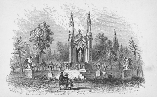 Figure 2.6. A couple with a young daughter stands before an imposing Gothic-style monument in a cemetery.